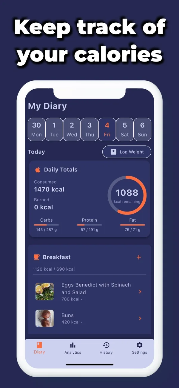 Screenshot illustrating: Daily Diary With Macro Rings